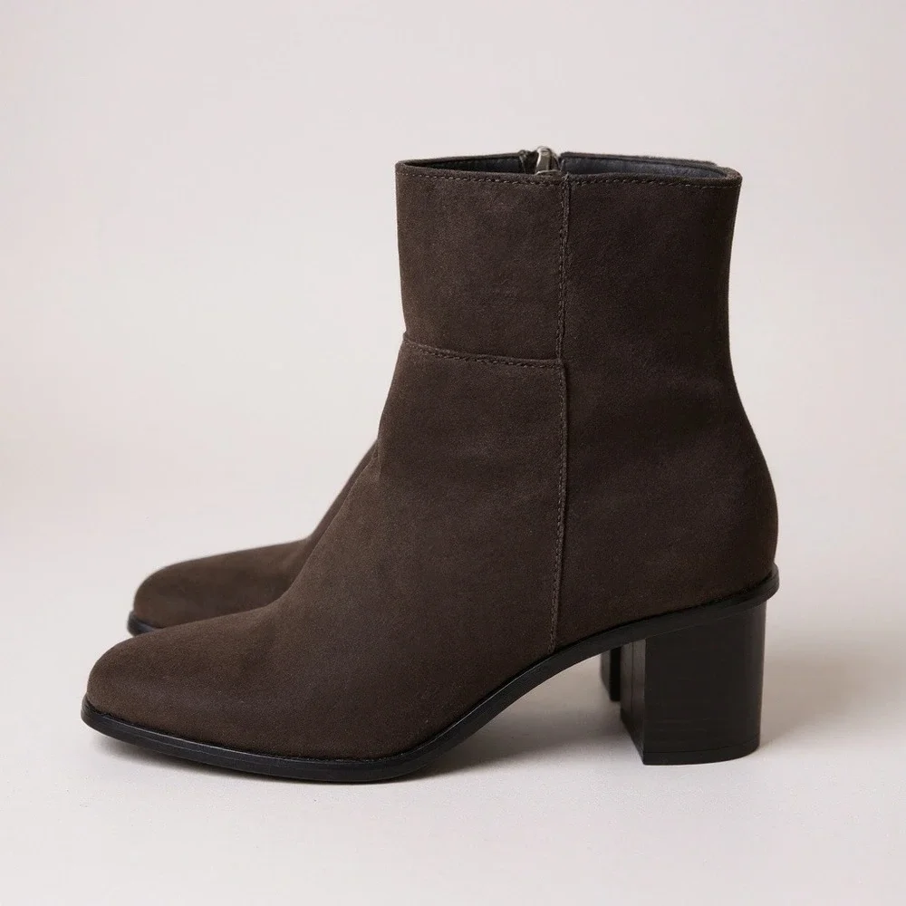 Patina‎ Ankle Boots Forest Green Suede Square Toe Block Heel Dark Academia
